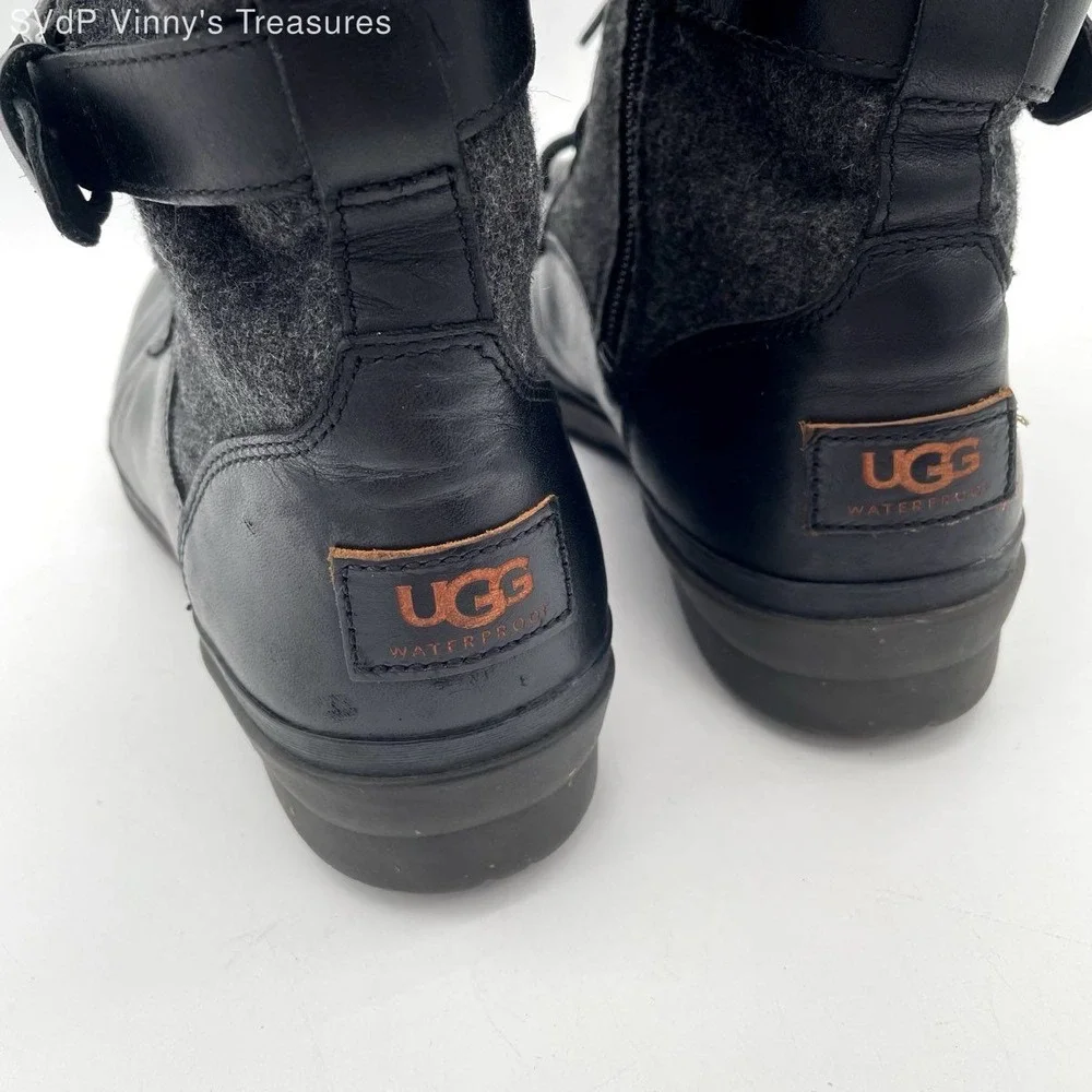 UGG Waterproof Leather Wool Lace Up Combat Boots Womens Size 9 Black Gray